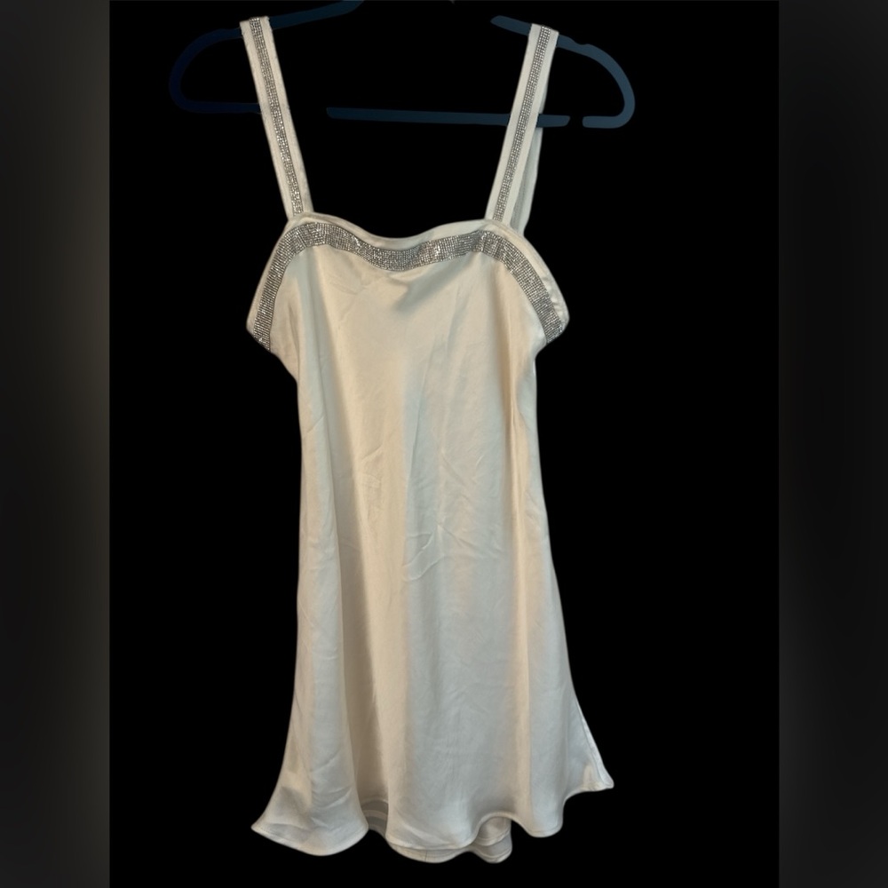 Zara White Chemise Dress with Rhinestone Trim. Size M. Party/holiday dress